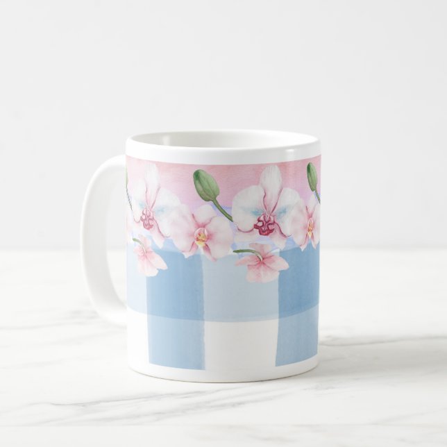 Blue Check Orchid Floral Coffee Mug (Front Left)