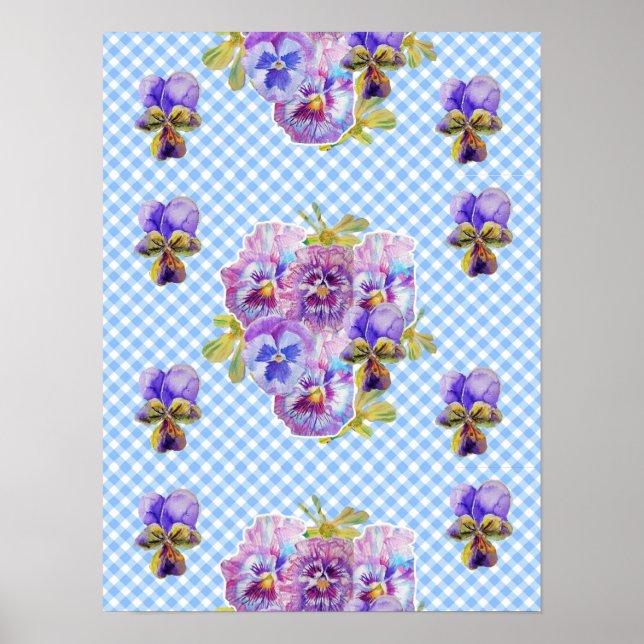 Blue Check Pansy flower flowers Shabby Chic Poster (Front)