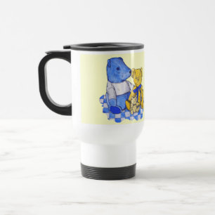 blue check picnic cloth with old teddies kids travel mug
