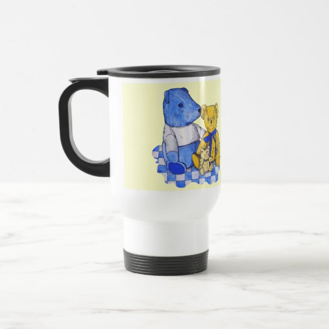 blue check picnic cloth with old teddies kids travel mug (Left)