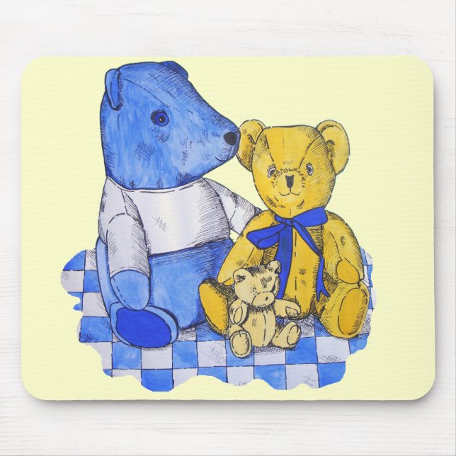 blue check picnic cloth with three old teddies mouse mat (Front)