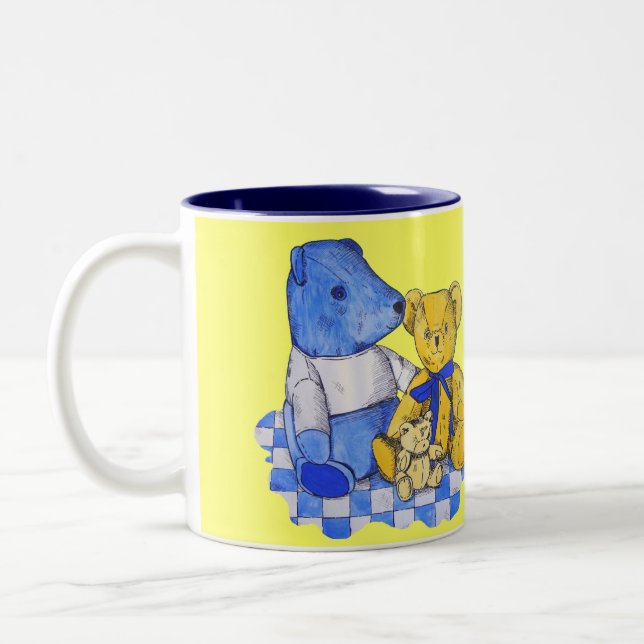 blue check picnic cloth with three old teddies Two-Tone coffee mug (Left)