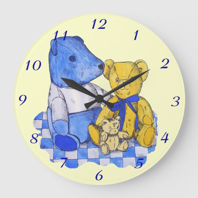 blue check picnic cloth with three teddy bears large clock (Front)
