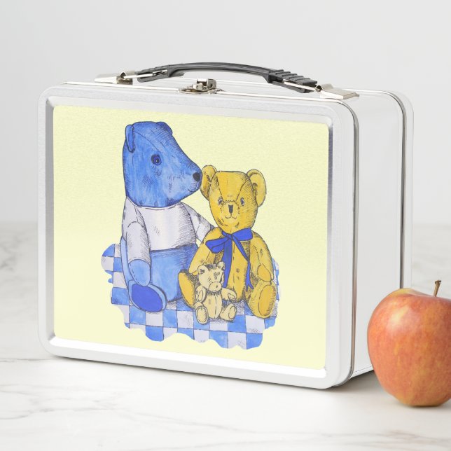 blue check picnic cloth with three teddy bears metal lunch box (In Situ)