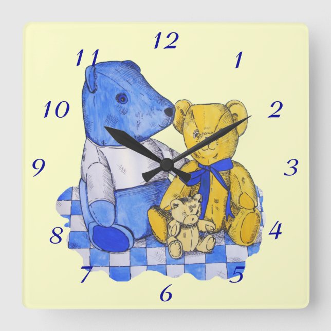 blue check picnic cloth with three teddy bears square wall clock (Front)