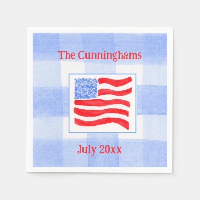 Blue Check Watercolor USA Flag PERSONALIZE Mat Napkin (Front)