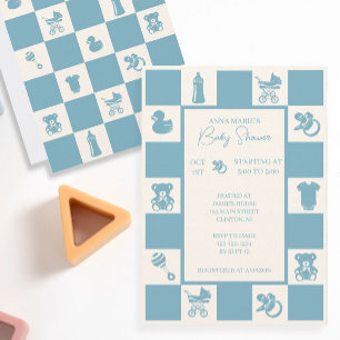 Blue Checked Baby Shower Invitation