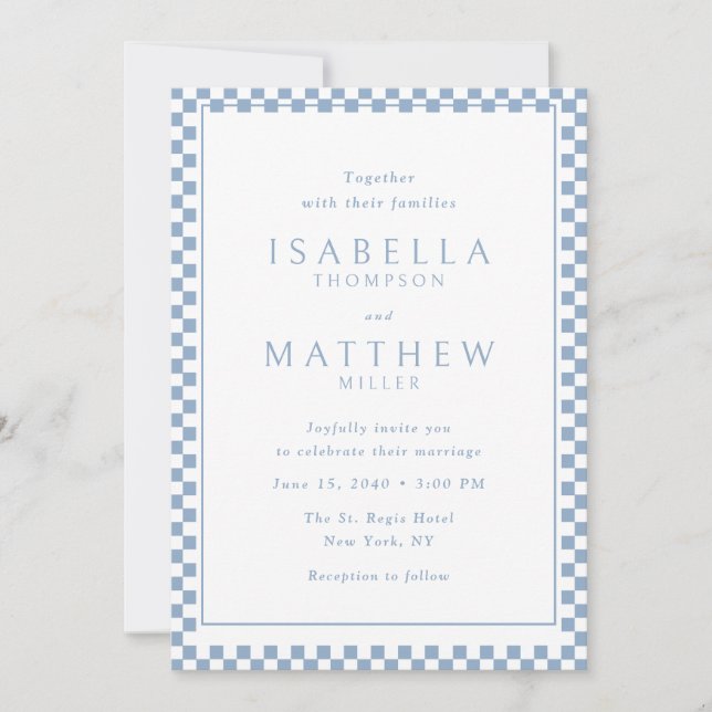 Blue Checker Frame Wedding Invitation (Front)