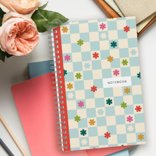 Blue Checkerboard Stars Flowers Pattern Notebook