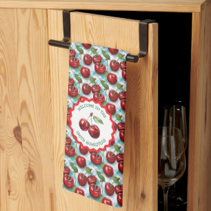 Blue Checkered Cherry Pattern Personalized  Tea Towel