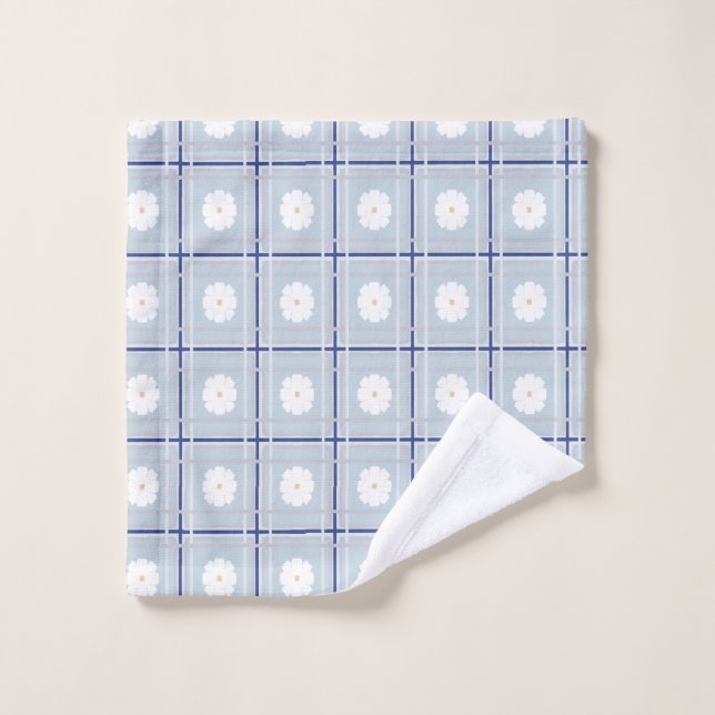 Blue Checkered Daisy pattern Bath Towel Set (Wash Cloth)
