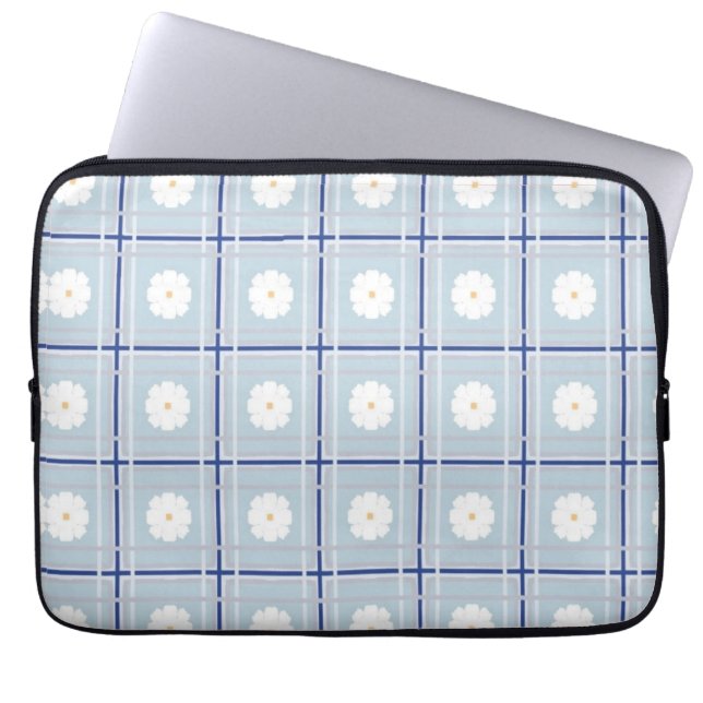 Blue Checkered Daisy pattern Laptop Sleeve (Front)
