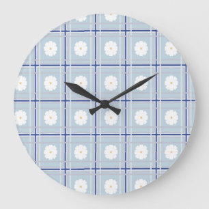 Blue Checkered Daisy pattern Large Clock
