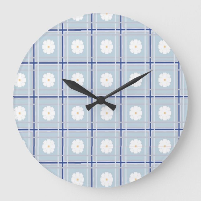 Blue Checkered Daisy pattern Large Clock (Front)