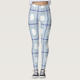 Blue Checkered Daisy pattern Leggings