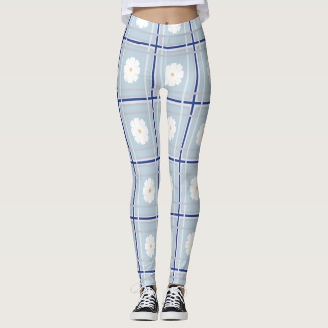 Blue Checkered Daisy pattern Leggings (Front)