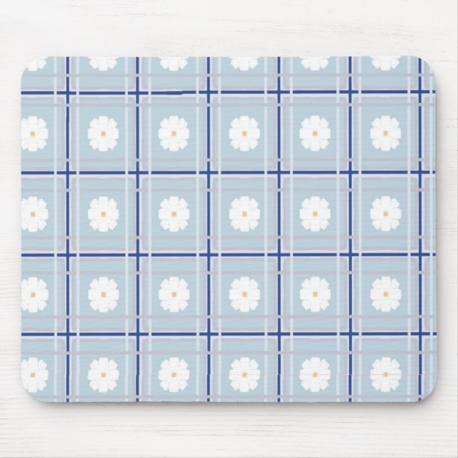 Blue Checkered Daisy pattern Mouse Mat (Front)