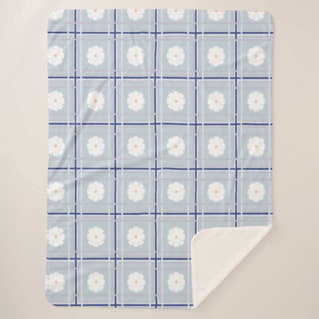 Blue Checkered Daisy pattern Sherpa Blanket (Front)