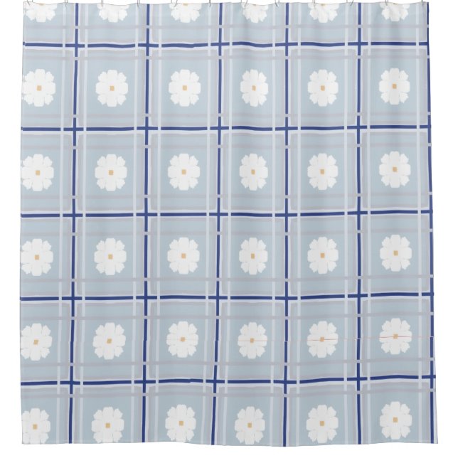 Blue Checkered Daisy pattern Shower Curtain (Front)