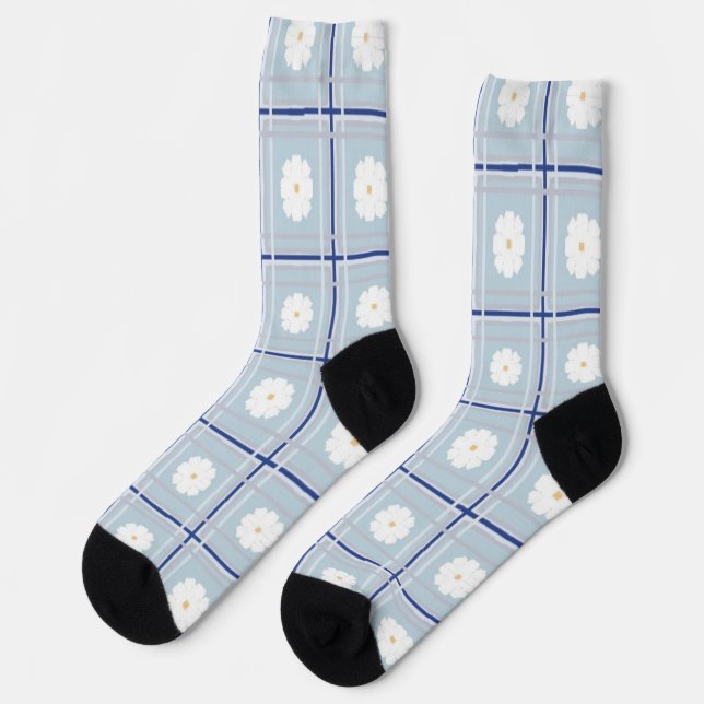 Blue Checkered Daisy pattern Socks (Left)