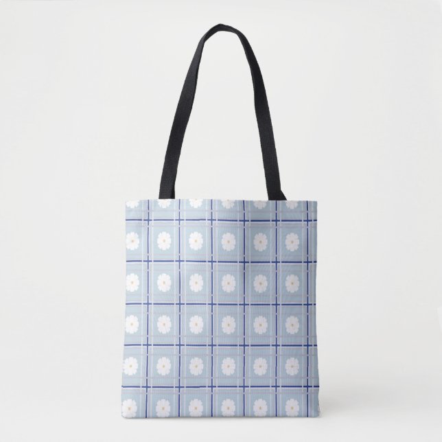 Blue Checkered Daisy pattern Tote Bag (Front)