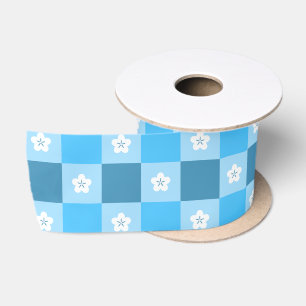 Blue Checkered Floral Satin Ribbon