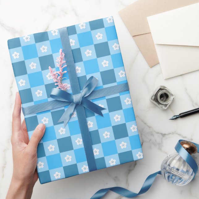 Blue Checkered Floral Wrapping Paper (Gifting)