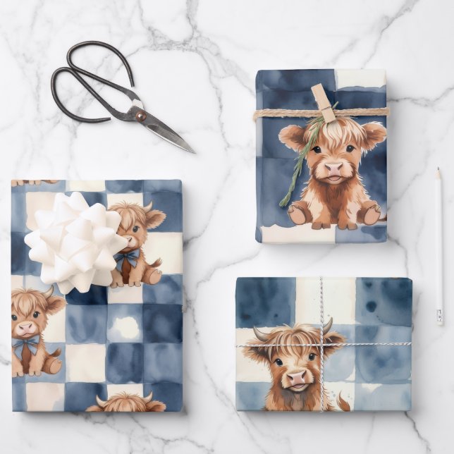 Blue Checkered Highland Cow Cute Gift Wrap (Front)