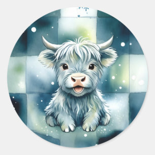 Blue Checkered Highland Cow Snow Winter Classic Round Sticker