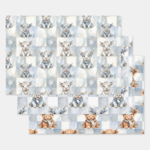 Blue Checkered Highland Cow Snowflake Cool Winter Wrapping Paper Sheet