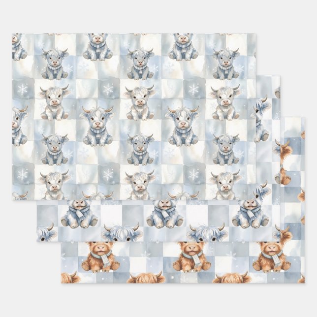 Blue Checkered Highland Cow Snowflake Cool Winter Wrapping Paper Sheet (Set)