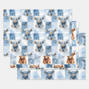 Blue Checkered Highland Cow Snowflake Winter Wrapping Paper Sheet