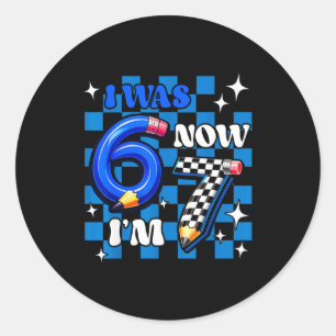 Blue checkered i was 6 i'm 7 funny 67 birthday boy classic round sticker