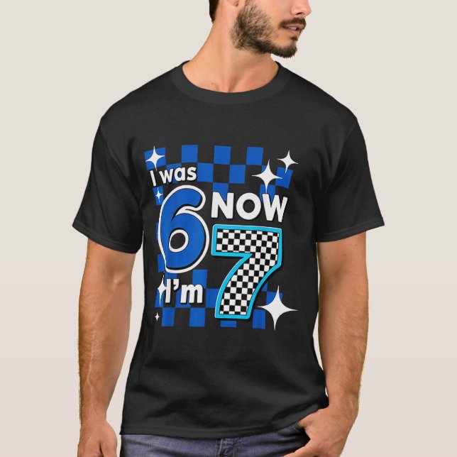Blue Checkered I Was 6 Now I'm 7 Birthday  T-Shirt (Front)