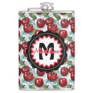 Blue Checkered Plaid Cherry Pattern Personalized Hip Flask