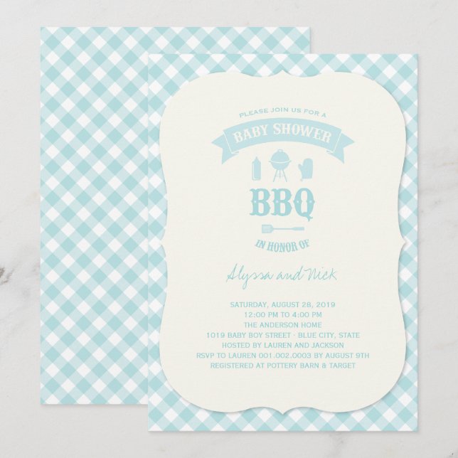 Blue Checks BBQ Boy Baby Shower Summer Party Invitation (Front/Back)