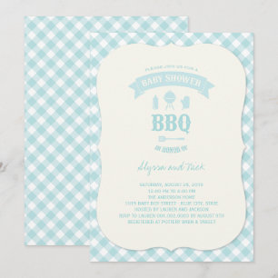 Blue Checks BBQ Boy Baby Shower Summer Party Invitation