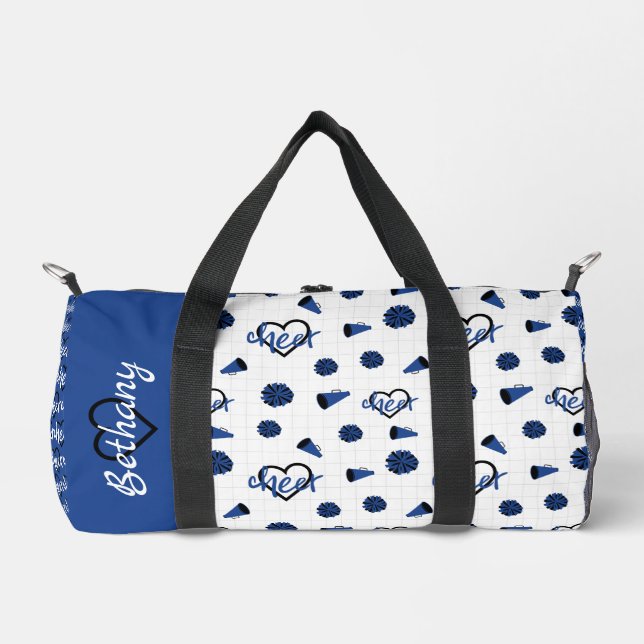 Blue Cheer Hearts, Pom Poms, Megaphone Pattern Duffle Bag (Front)