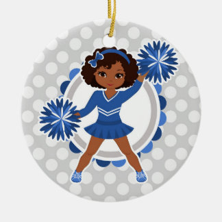 Blue Cheerleader African American  - Cute Cheer Ceramic Tree Decoration