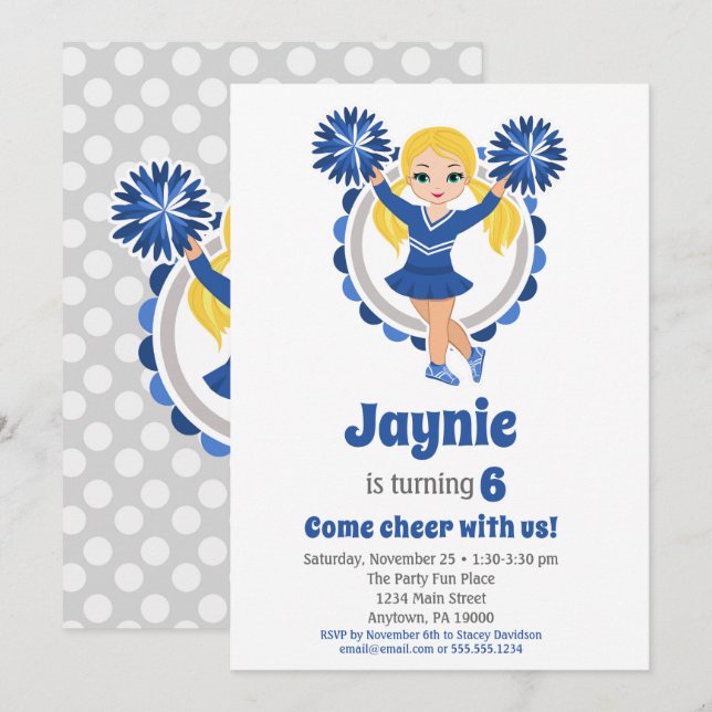 Blue Cheerleader - Blonde Girls Cheer Birthday Invitation (Front/Back)