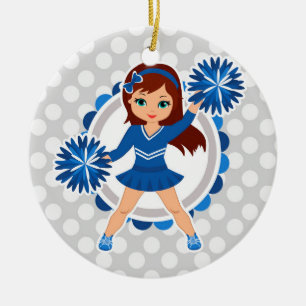 Blue Cheerleader Brunette - Cute Cheer Ceramic Tree Decoration