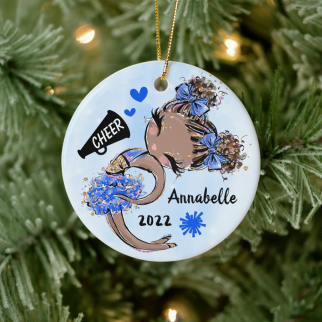 Blue Cheerleader Girl Ornament Dark Skin &  Hair (Tree)
