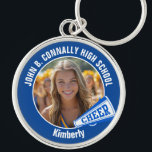 Blue Cheerleader Photo High School Spirit Key Ring<br><div class="desc">This cool customised high school cheerleader photo gift features white typography of your team and player name on a blue keychain with a cheer megaphone. Personalise with your student's photograph and class year as a proud cheerleading parent. A great gift for a mum or dad.</div>