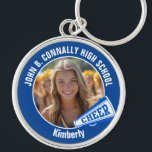 Blue Cheerleader Photo High School Spirit Key Ring<br><div class="desc">This cool customised high school cheerleader photo gift features white typography of your team and player name on a blue keychain with a cheer megaphone. Personalise with your student's photograph and class year as a proud cheerleading parent. A great gift for a mum or dad.</div>