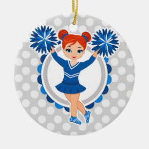 Blue Cheerleader Redhead - Cute Cheer Ceramic Tree Decoration