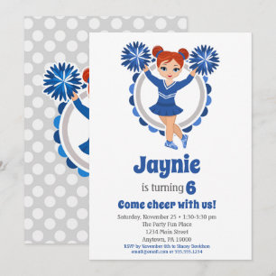Blue Cheerleader - Redhead Girls Cheer Birthday Invitation