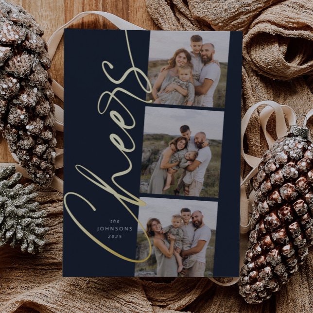 Blue Cheers Simple Modern Elegant Script Christmas Foil Holiday Card (Creator Uploaded)