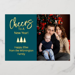 Blue Cheers to a New Year Family Photo Foil Holiday Card