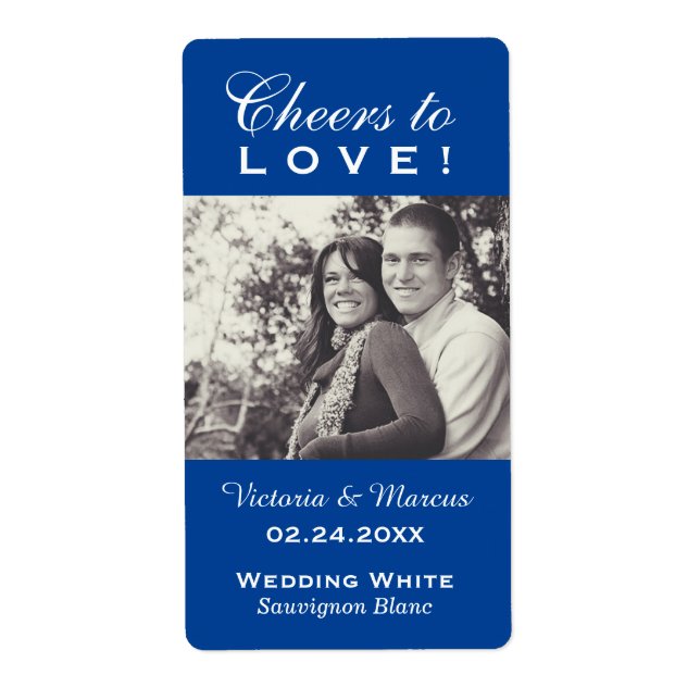 Blue Cheers to Love Wedding Photo Wine Bottle (Front)