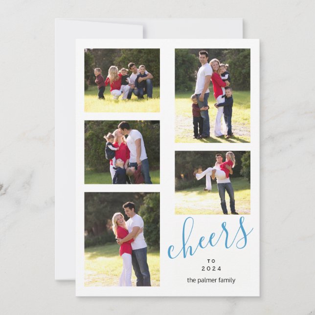 Blue cheers to New Year 2018 photo collage trendy Holiday Card (Front)